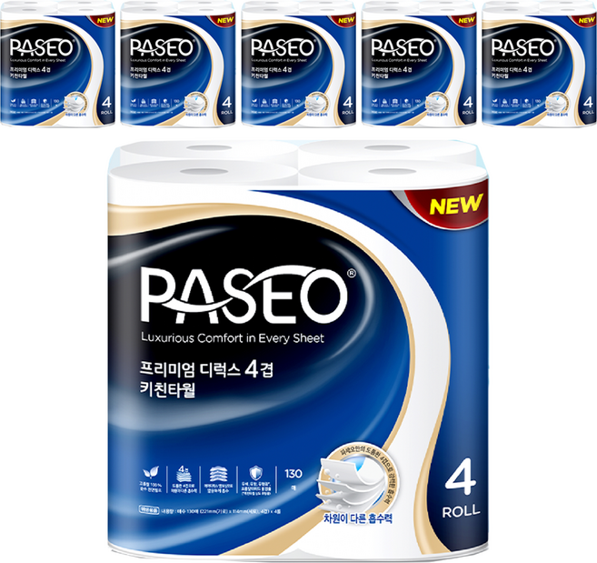 파세오 프리미엄 디럭스 4겹 천연펄프 키친타올, 130매, 24개