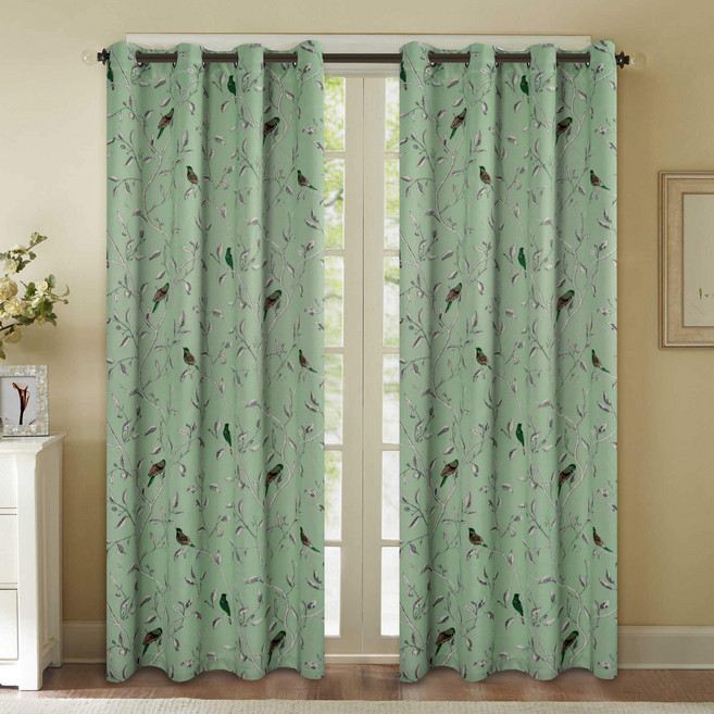 小銅板 遮光窗簾, 田園小鳥 綠色