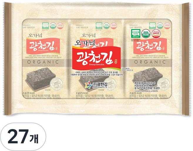 광천김 오가닉 도시락김, 4g, 27개
