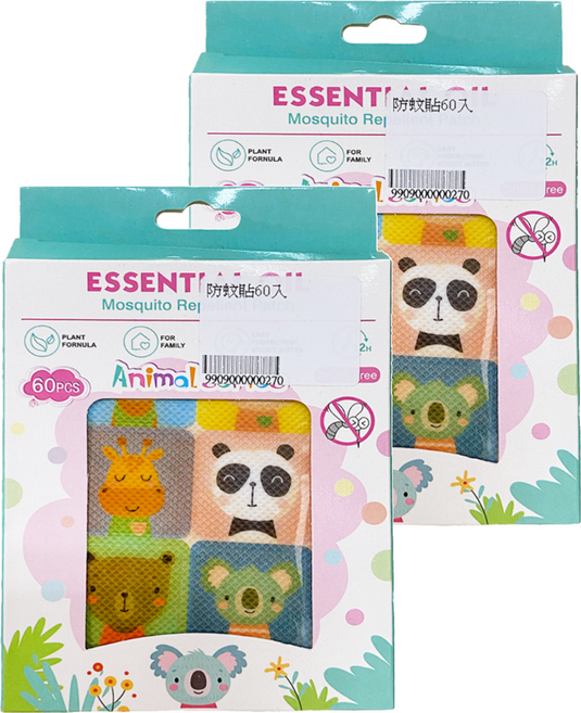 ESSENTIA 防蚊貼60入 天然植物精油配方 可愛動物造型 嬰幼兒適用 長效防蚊保護, 60入, 2盒