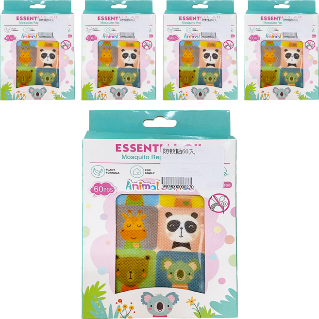 ESSENTIA 防蚊貼60入 天然植物精油配方 可愛動物造型 嬰幼兒適用 長效防蚊保護, 60入, 5盒