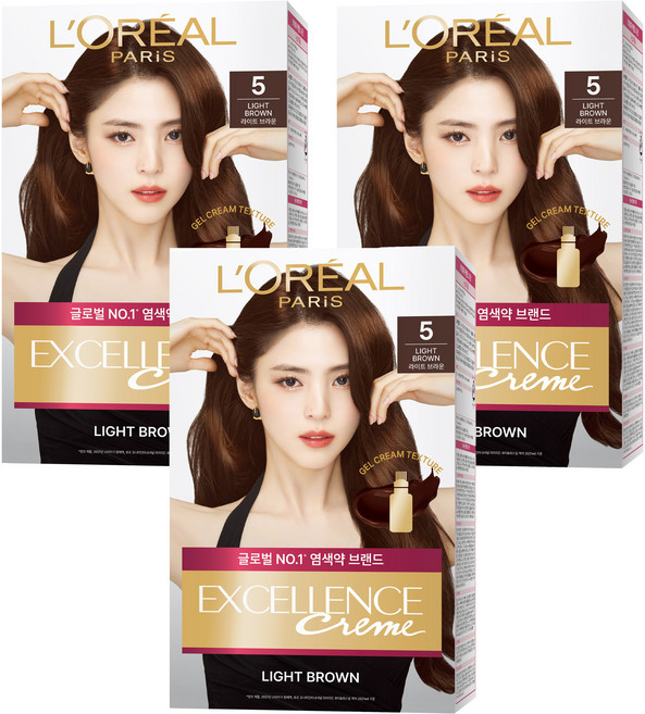 로레알파리 엑셀랑스 크림 빗캡으로 간편한 새치염색 염모제, 5호 라이트 브라운, 3개