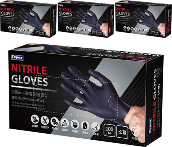 테이팩스 니트릴장갑 100p, 블랙, 소(S), 4개