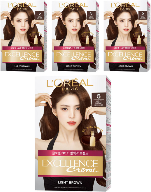 로레알파리 엑셀랑스 크림 빗캡으로 간편한 새치염색 염모제, 5호 라이트 브라운, 4개