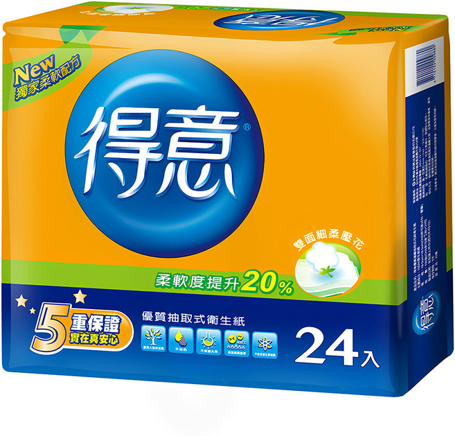 得意 優質連續抽取式衛生紙 雙面壓花 柔軟升級 5重保障, 24包, 1袋