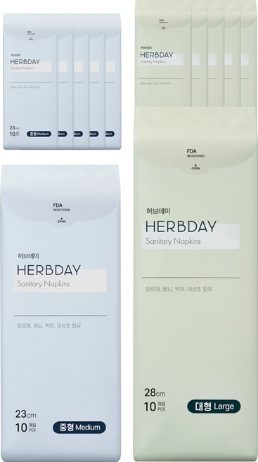 허브데이 대형 생리대 날개형 10p x 3팩 + 중형 10p x 3팩, 대형 10P X 3팩, 중형 10P X 3팩, 2세트