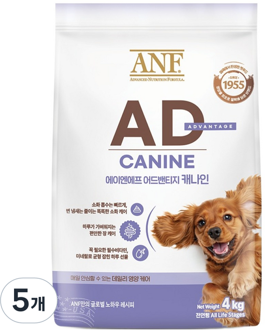 ANF 전연령 강아지 어드밴티지 캐나인 건식사료, 4kg, 5개, 소