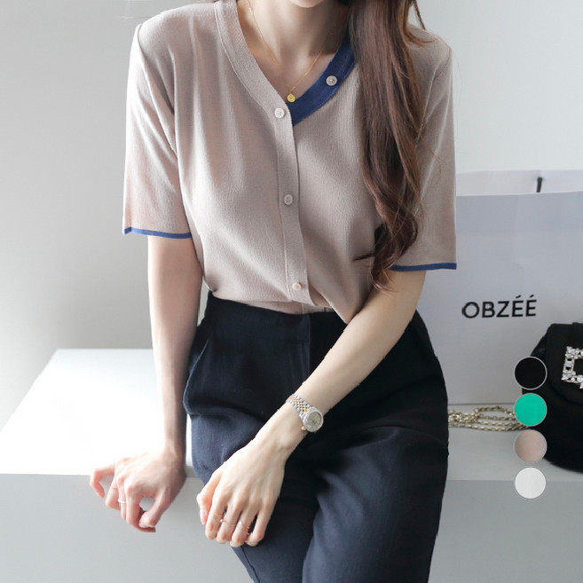 JENIT 女款拼色V領短袖針織衫