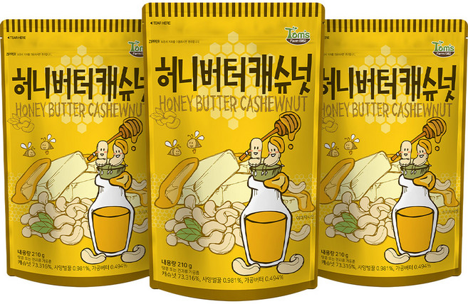 탐스팜 허니버터 캐슈넛, 210g, 3개
