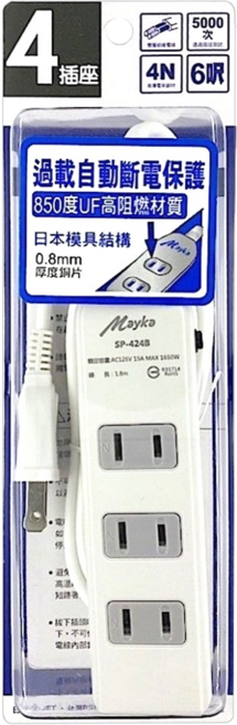Mayka 明家 3 + 1插座延長線 LSP-424B-6, 1.8m, 白色, 1個