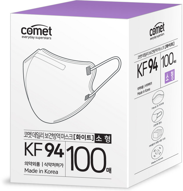 코멧 KF94 데일리 새부리형 보건방역 마스크 소형 와이드핏 어린이용, 5매입, 20개, 화이트