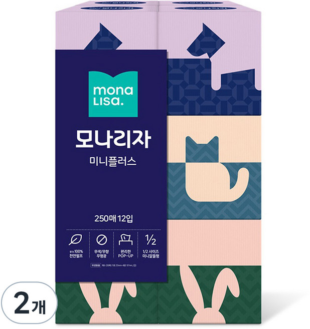 모나리자 미니플러스 천연펄프 각티슈 2겹, 250매, 24개