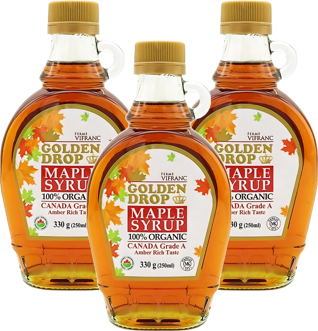 골든드롭 100% 유기농 메이플 시럽 캐나다 A등급 앰버리치 330g, 250ml, 3개
