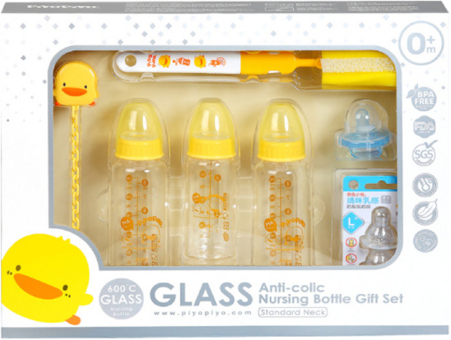 PiYOPiYO 黃色小鴨 乳感晶鑽奶瓶禮盒 0歲以上 140ml x 1 + 240ml x 2, 黃色, 620ml, 1組