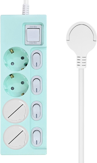 원스탑 제로갭 슬림 납작 컬러 개별 스위치 16A 멀티탭 4구 + 안전커버 2p 세트, 1m, 파스텔민트, 1개