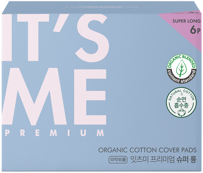 잇츠미 프리미엄 유기농 순면커버 생리대 슈퍼롱 날개형, 오버나이트 이상, 6개입, 1개