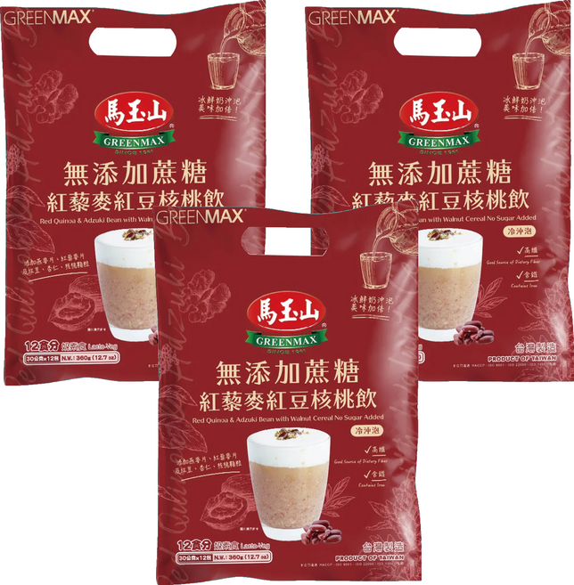 馬玉山 無添加蔗糖紅藜麥紅豆核桃飲, 360g, 3袋