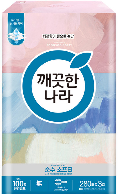 깨끗한나라 순수 소프티 천연펄프 미용티슈 2겹, 280매, 3개