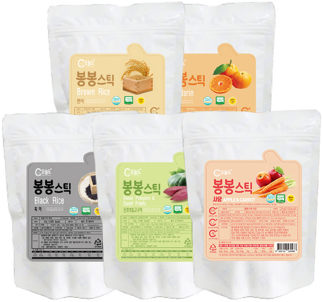 오늘도 유기농쌀과자 봉봉스틱 5종 세트, 사과 + 당근 혼합맛, 흑미, 감귤, 단호박 + 고구마 혼합맛, 현미, 1세트