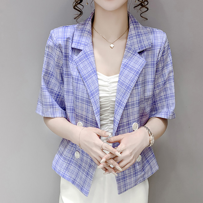 PAPERMENTS 女款格紋短袖西裝外套