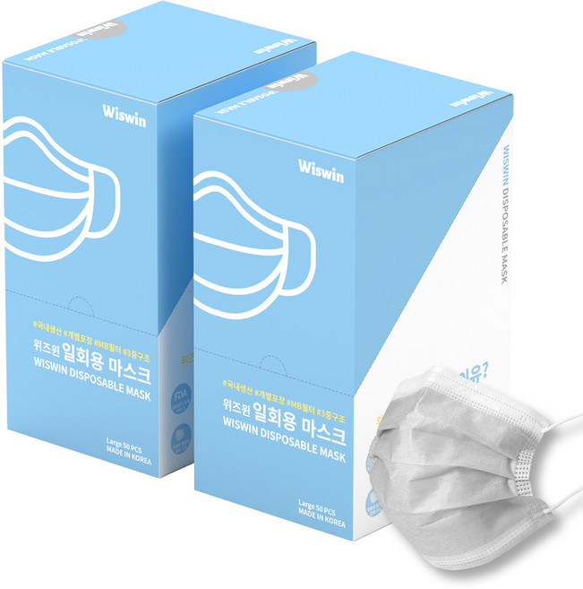 위즈윈 개별포장 일회용 마스크, 50개입, 2개, 회색