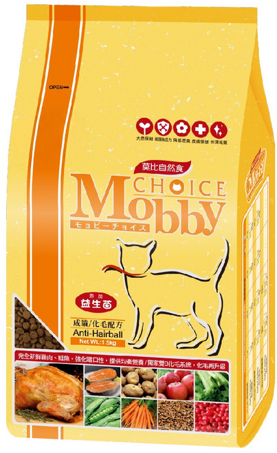 Mobby 莫比 成貓化毛配方乾飼料 含有葡萄糖胺與軟骨素 高適口性 採用去骨鮮雞肉和糙米, 雞肉米, 1.5kg, 1袋