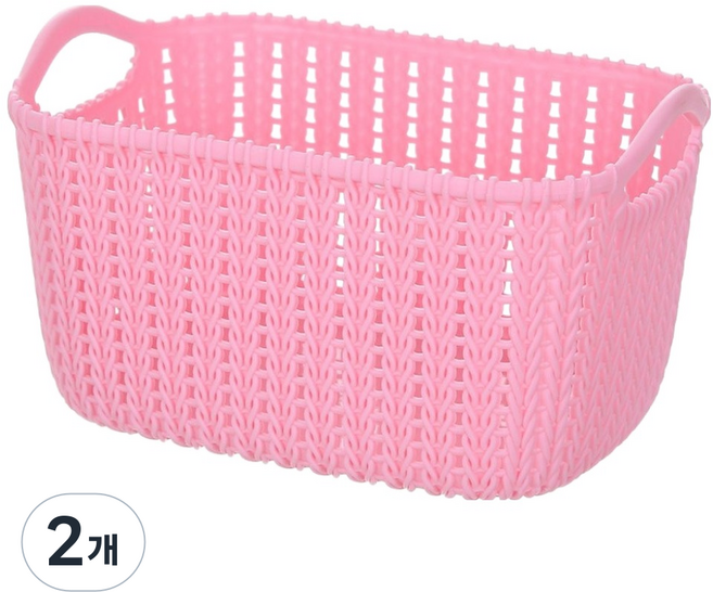 제이앤케이 인조 라탄 수납 정리 바구니, 2개, 핑크