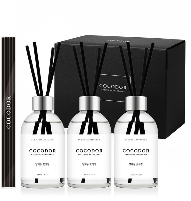 코코도르 화이트라벨 디퓨저 200ml 3개 블랙섬유스틱 20p, 양재동꽃시장