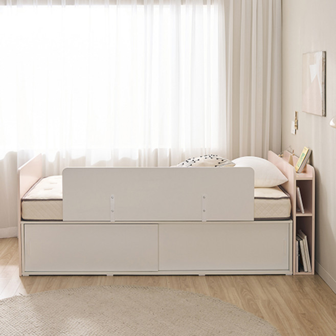 윌로우 메리 슬라이딩 수납헤드 서랍 침대 + 사각가드 + 포켓스프링 매트리스 세트 방문설치, 핑크(침대), 화이트(가드), 베이지(매트리스)