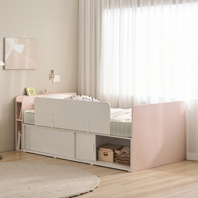 윌로우 메리 슬라이딩 수납헤드 서랍 침대 + 사각가드 + 포켓스프링 매트리스 세트 방문설치, 핑크(침대), 화이트(가드, 매트리스)