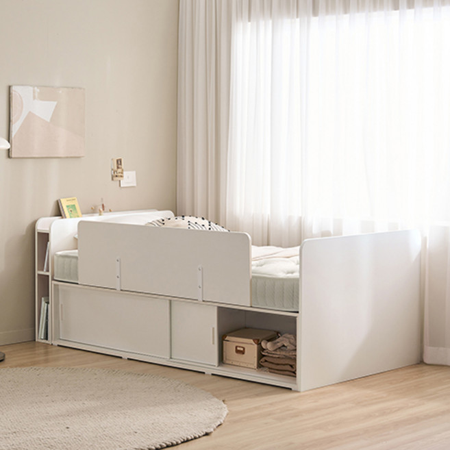 윌로우 메리 슬라이딩 수납헤드 서랍 침대 + 사각가드 + 포켓스프링 매트리스 세트 방문설치, 화이트