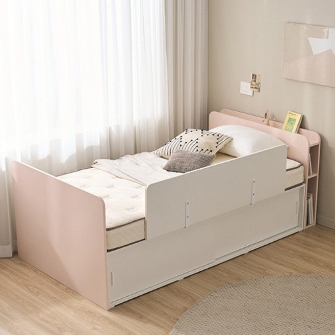 윌로우 메리 슬라이딩 수납헤드 서랍 침대 + 사각가드 세트 방문설치, 핑크(침대), 화이트(가드)