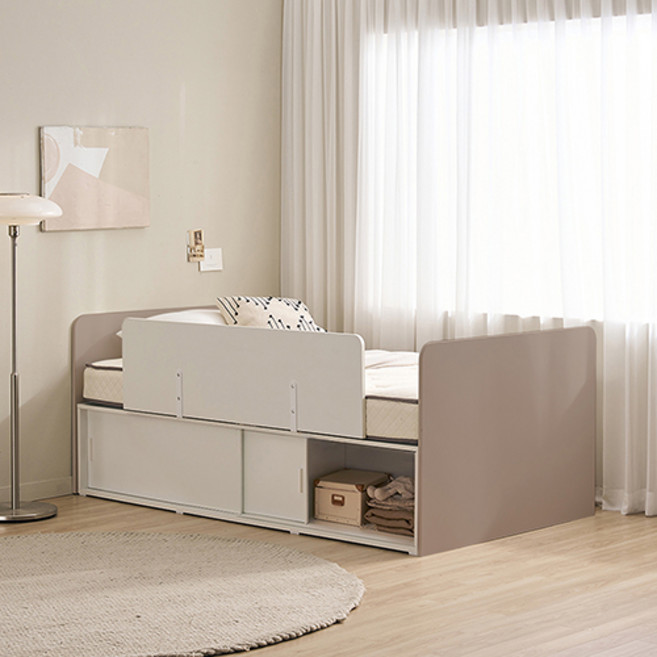 윌로우 메리 슬라이딩 서랍 침대 + 사각가드 + 포켓스프링 매트리스 세트 방문설치, 그레이(침대), 화이트(가드, 매트리스)