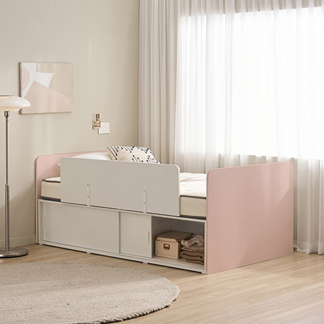 윌로우 메리 슬라이딩 서랍 침대 + 사각가드 + 포켓스프링 매트리스 세트 방문설치, 핑크(침대), 화이트(가드, 매트리스)