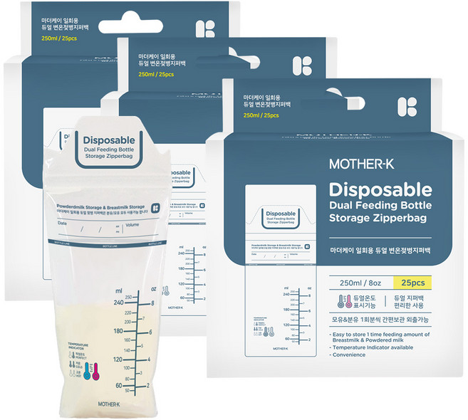 마더케이 일회용 듀얼 변온 젖병 지퍼백 250ml 25매입, 3개