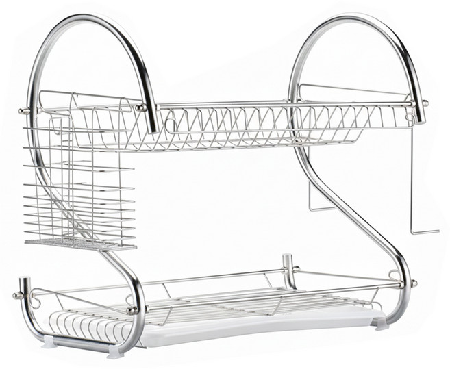 升級S型雙層不鏽鋼餐具碗盤瀝水收納架 砧板款, 2層, 銀色, 1個