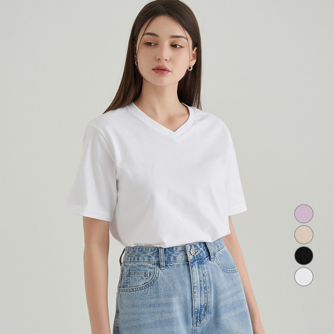 ELLE PARIS 여성용 통기성 베이직 브이넥 반팔 티셔츠