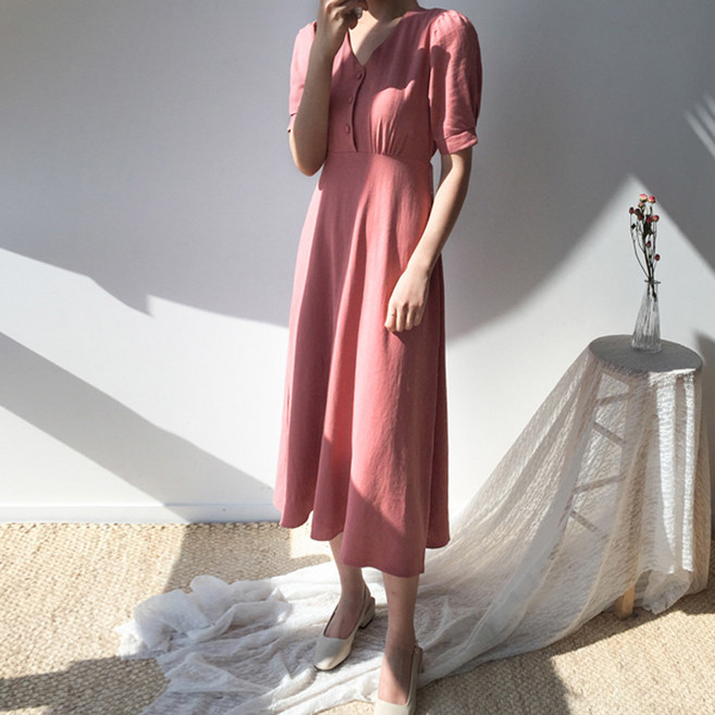 엔비룩 통기성 린넨 콩단추 반팔 롱원피스