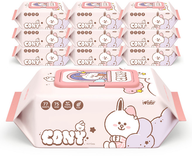 아이러브베베 라인프렌즈 드림코니 유아물티슈 캡형, 75g, 77매, 10개