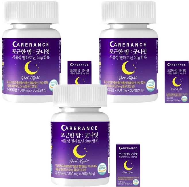 케어란스 포근한 밤 굿나잇 식물성 멜라토닌 5mg 함유, 3개, 30정 - 쿠팡