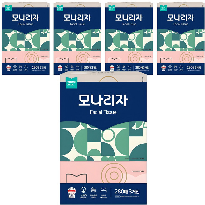 모나리자 천연펄프 미용티슈 2겹, 280매, 15개