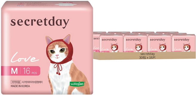 secretday 韓國原裝進口 Love系列 衛生棉 蝶翼型, M(24.5cm), 16片, 30包