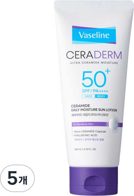 애경바세린 세라덤 모이스처 선로션 페이스 앤 바디 SPF50+ PA++++, 5개, 200ml