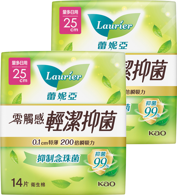 Laurier 蕾妮亞 台灣公司貨 零觸感特薄輕潔抑菌衛生棉, 量多日用型 25cm, 14片, 2包