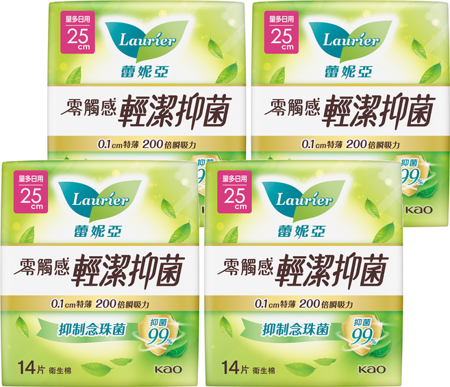 Laurier 蕾妮亞 台灣公司貨 零觸感特薄輕潔抑菌衛生棉, 量多日用型 25cm, 14片, 4包