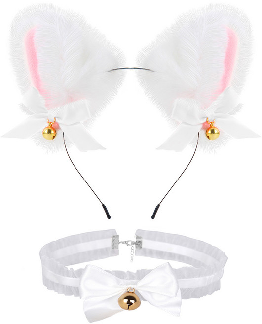 미미파티 코스프레 고양이 머리띠 초커 목걸이 세트, 화이트, 1세트