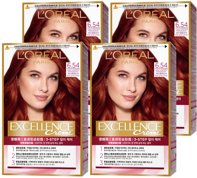 로레알파리 엑셀랑스 크림 빗캡으로 간편한 새치염색 염모제, 6.54호 라이트 코퍼 마호가니, 4개 - 쿠팡