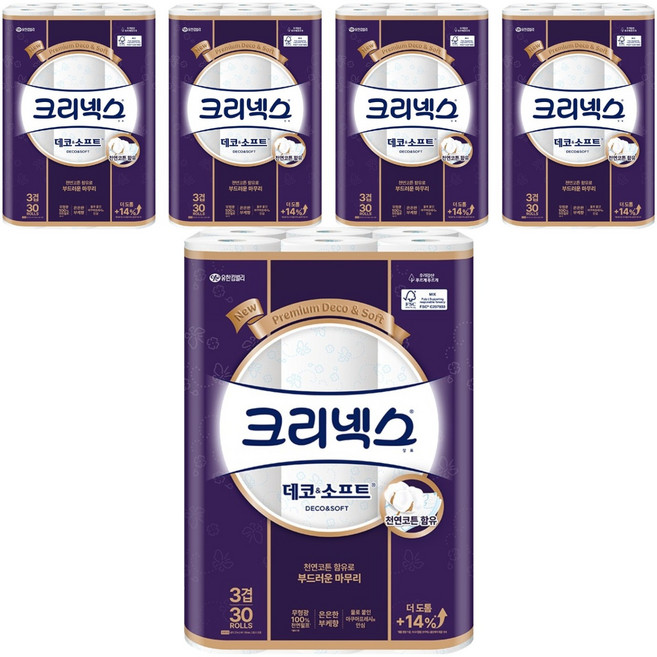 크리넥스 천연펄프 3겹 데코 앤 소프트 화장지, 27m, 30롤, 5개