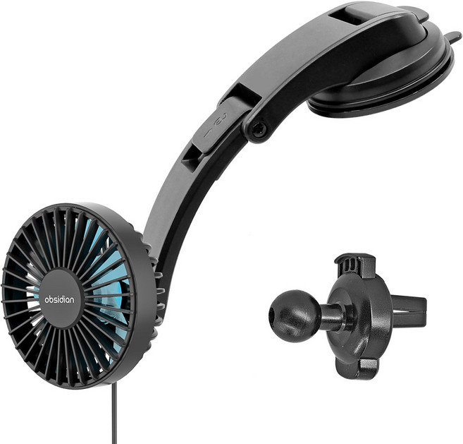 옵시디언 차량용 대쉬보드 송풍구 USB 3단조절 미니 선풍기, CT-FA03+CT-H12, 블랙