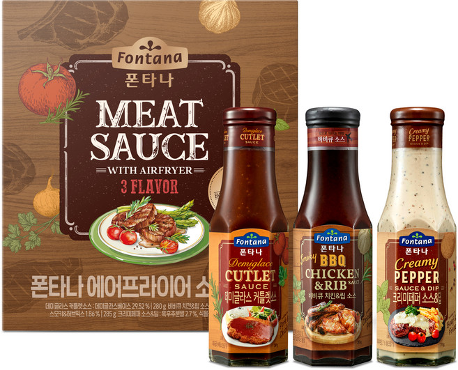 폰타나 비비큐 치킨 앤 립 소스 285g + 크리미 페퍼 소스 앤 딥 255g + 데미글라스 커틀렛 소스 280g 세트, 1세트